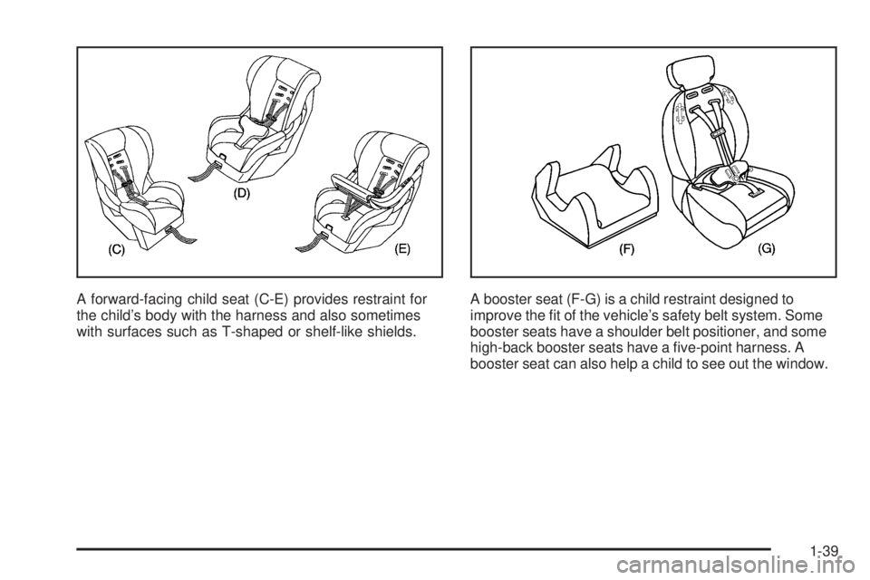 HUMMER H2 2006 Owners Manual A forward-facing child seat (C-E) provides restraint for
the child’s body with the harness and also sometimes
with surfaces such as T-shaped or shelf-like shields.A booster seat (F-G) is a child res HUMMER H2 2006 Owners Manual A forward-facing child seat (C-E) provides restraint for
the child’s body with the harness and also sometimes
with surfaces such as T-shaped or shelf-like shields.A booster seat (F-G) is a child res