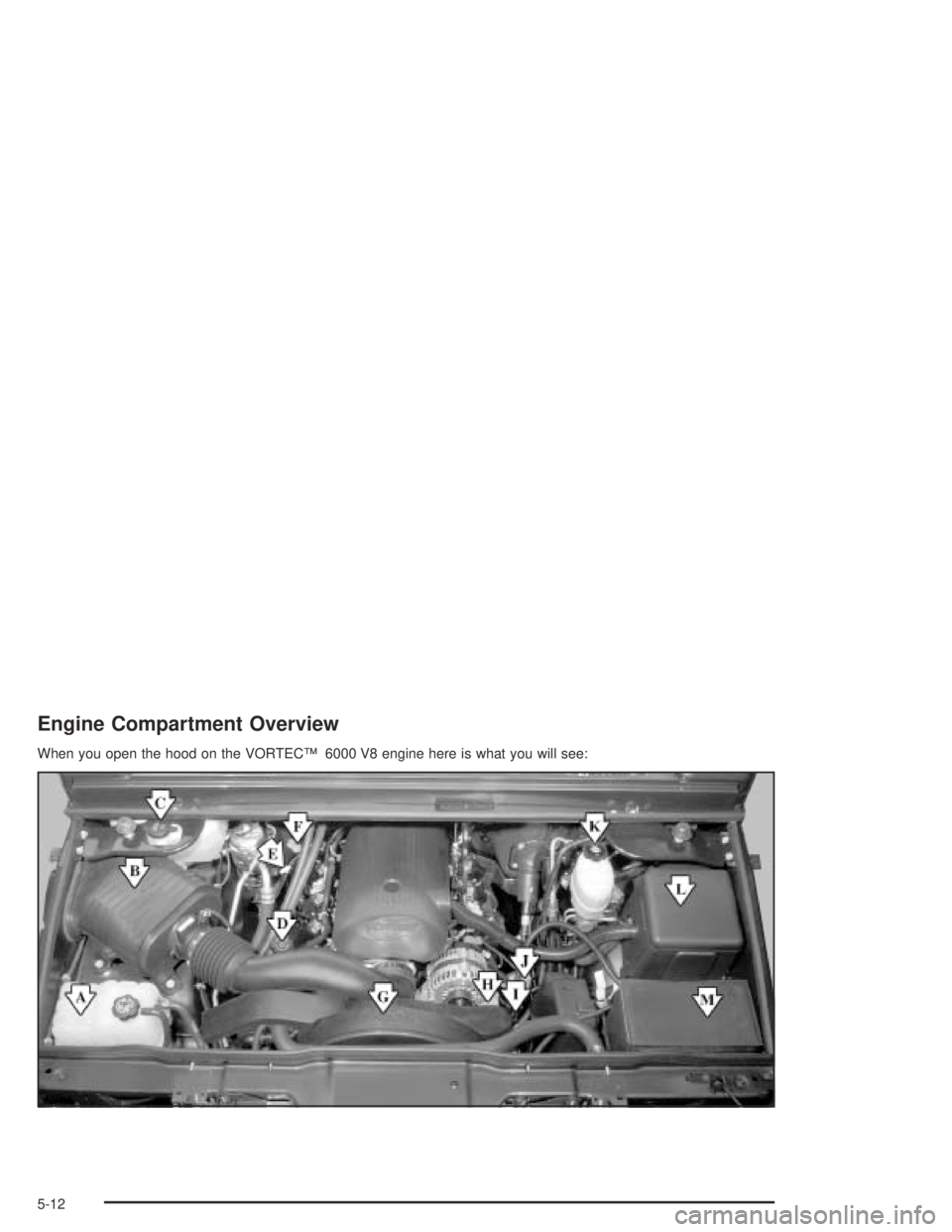 HUMMER H2 2005  Owners Manual Engine Compartment Overview
When you open the hood on the VORTEC™ 6000 V8 engine here is what you will see:
5-12 