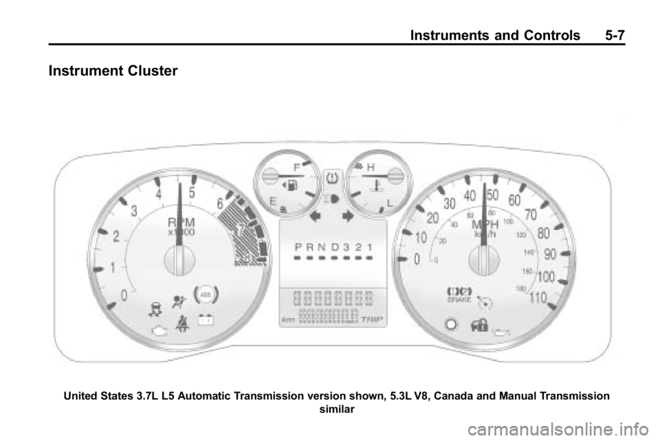 HUMMER H3 2010  Owners Manual Instruments and Controls 5-7
Instrument Cluster
United States 3.7L L5 Automatic Transmission version shown, 5.3L V8, Canada and Manual Transmissionsimilar 