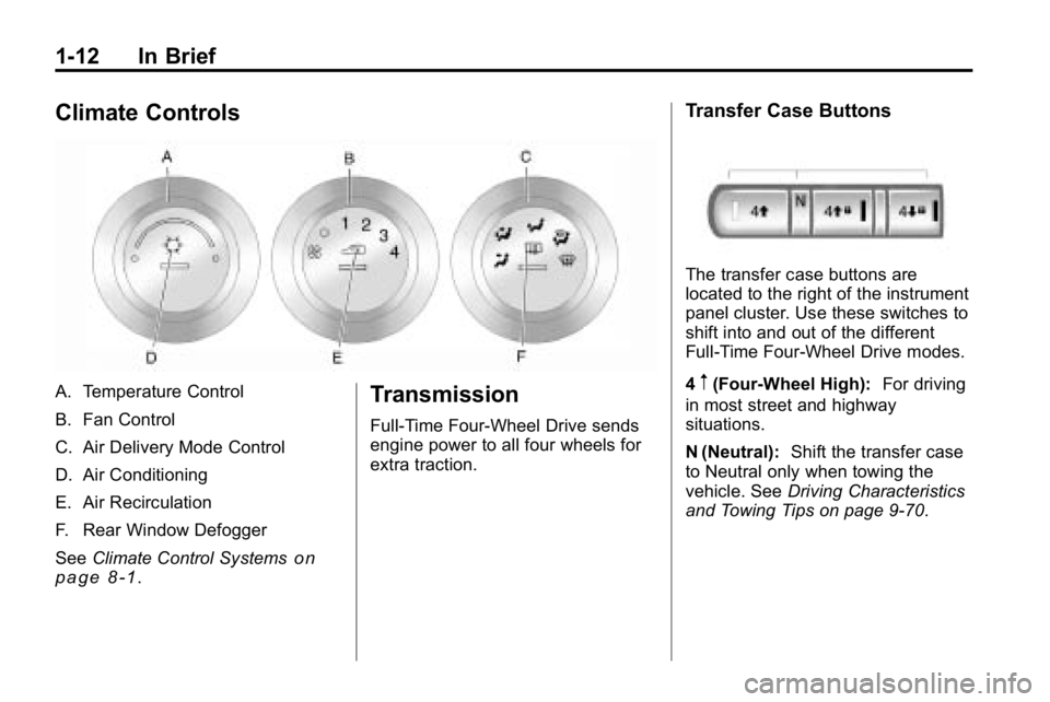 HUMMER H3 2010 User Guide 1-12 In Brief
Climate Controls
A. Temperature Control
B. Fan Control
C. Air Delivery Mode Control
D. Air Conditioning
E. Air Recirculation
F. Rear Window Defogger
SeeClimate Control Systems
on
page 8 HUMMER H3 2010 User Guide 1-12 In Brief
Climate Controls
A. Temperature Control
B. Fan Control
C. Air Delivery Mode Control
D. Air Conditioning
E. Air Recirculation
F. Rear Window Defogger
SeeClimate Control Systems
on
page 8