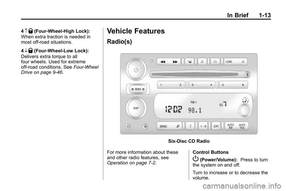 HUMMER H3 2010 User Guide In Brief 1-13
4m Q(Four-Wheel-High Lock):
When extra traction is needed in
most off-road situations.
4
n Q(Four-Wheel-Low Lock):
Delivers extra torque to all
four wheels. Used for extreme
off-road con HUMMER H3 2010 User Guide In Brief 1-13
4m Q(Four-Wheel-High Lock):
When extra traction is needed in
most off-road situations.
4
n Q(Four-Wheel-Low Lock):
Delivers extra torque to all
four wheels. Used for extreme
off-road con