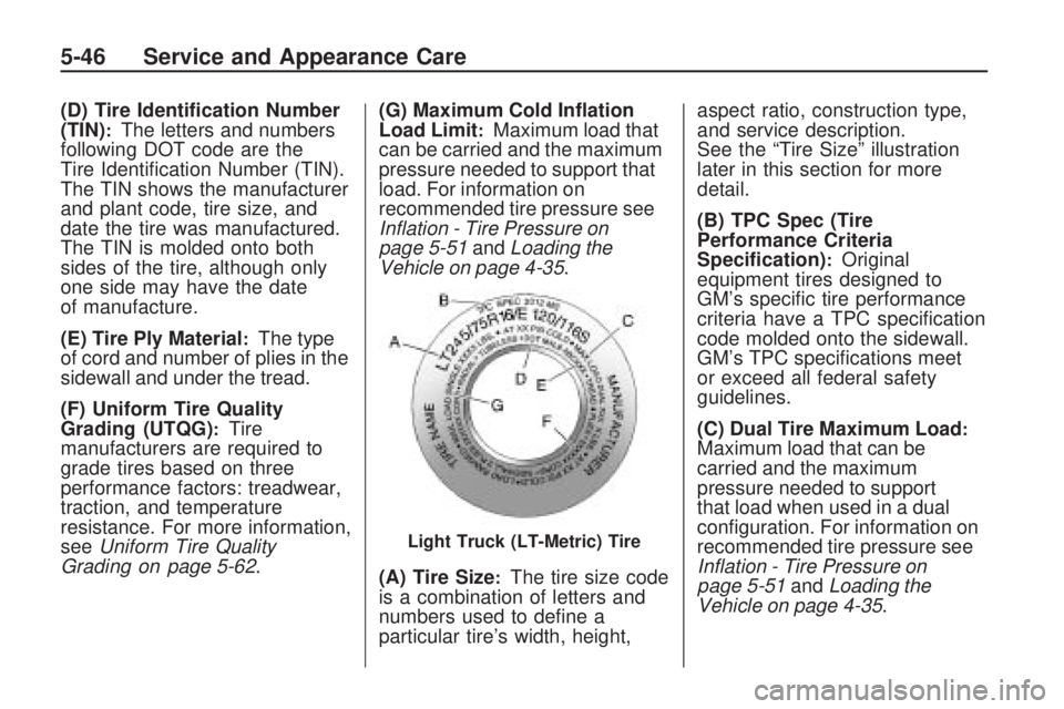 HUMMER H3 2009  Owners Manual (D) Tire Identi�cation Number
(TIN):The letters and numbers
following DOT code are the
Tire Identi�cation Number (TIN).
The TIN shows the manufacturer
and plant code, tire size, and
date the tire was 