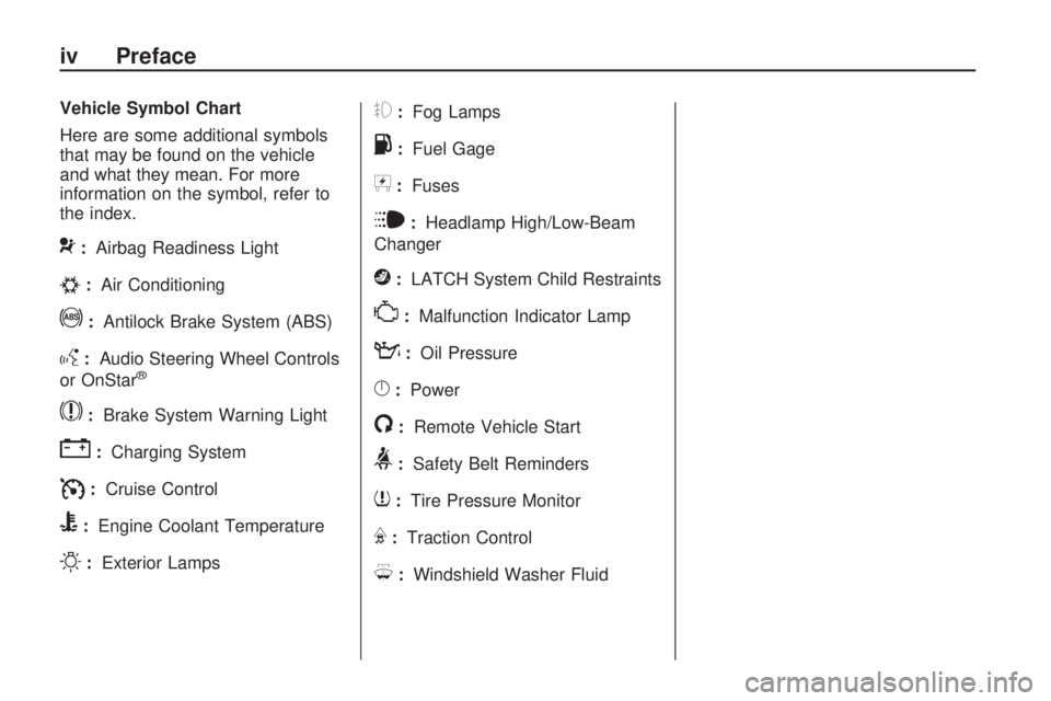 HUMMER H3 2009  Owners Manual Vehicle Symbol Chart
Here are some additional symbols
that may be found on the vehicle
and what they mean. For more
information on the symbol, refer to
the index.
9:Airbag Readiness Light
#:Air Condit