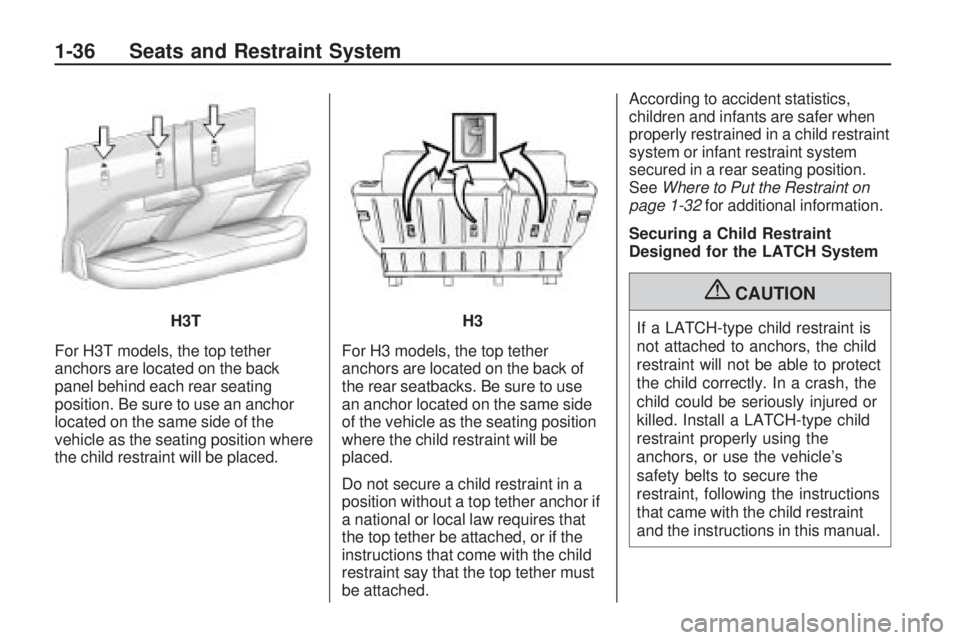 HUMMER H3 2009 Owners Guide For H3T models, the top tether
anchors are located on the back
panel behind each rear seating
position. Be sure to use an anchor
located on the same side of the
vehicle as the seating position where
t