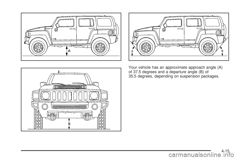 HUMMER H3 2008  Owners Manual Your vehicle has an approximate approach angle (A)
of 37.5 degrees and a departure angle (B) of
35.5 degrees, depending on suspension packages.
4-15 
