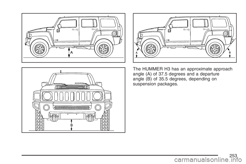 HUMMER H3 2007  Owners Manual The HUMMER H3 has an approximate approach
angle (A) of 37.5 degrees and a departure
angle (B) of 35.5 degrees, depending on
suspension packages.
253 