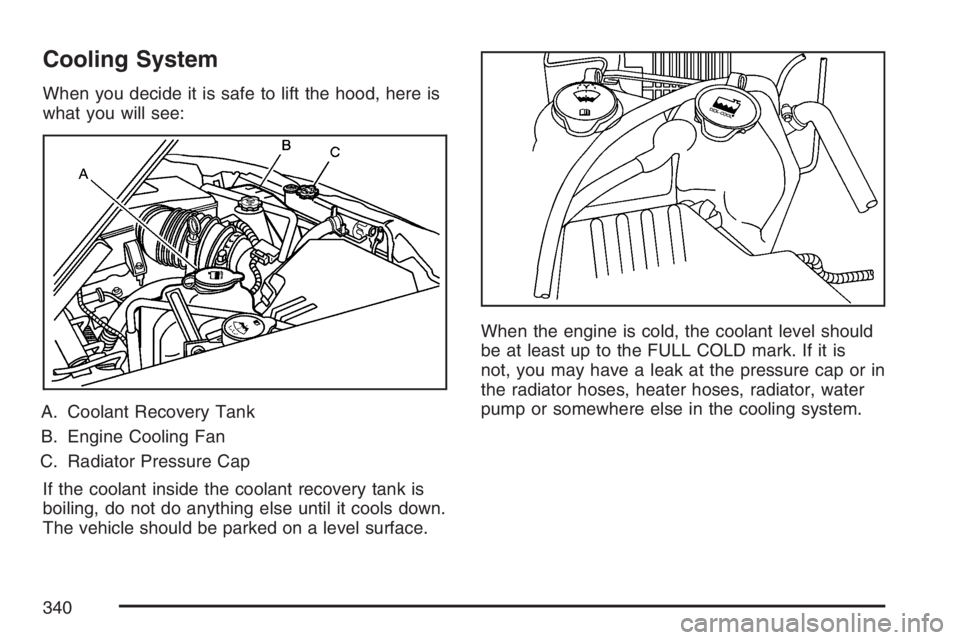 HUMMER H3 2007  Owners Manual Cooling System
When you decide it is safe to lift the hood, here is
what you will see:
A. Coolant Recovery Tank
B. Engine Cooling Fan
C. Radiator Pressure Cap
If the coolant inside the coolant recover