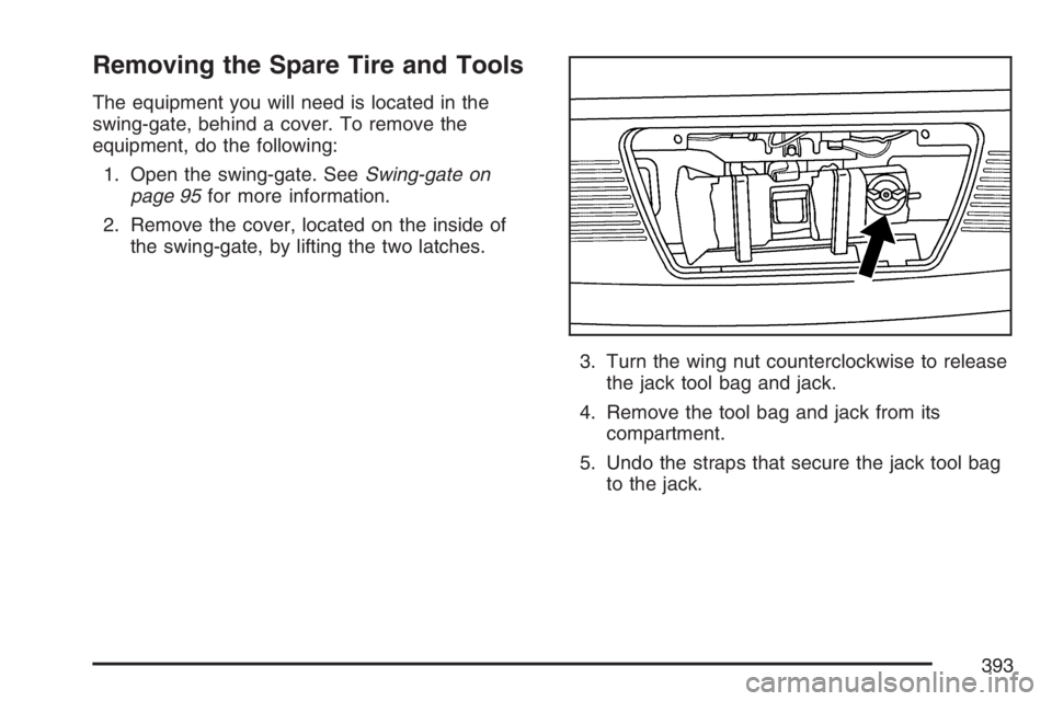 HUMMER H3 2007  Owners Manual Removing the Spare Tire and Tools
The equipment you will need is located in the
swing-gate, behind a cover. To remove the
equipment, do the following:
1. Open the swing-gate. SeeSwing-gate on
page 95f