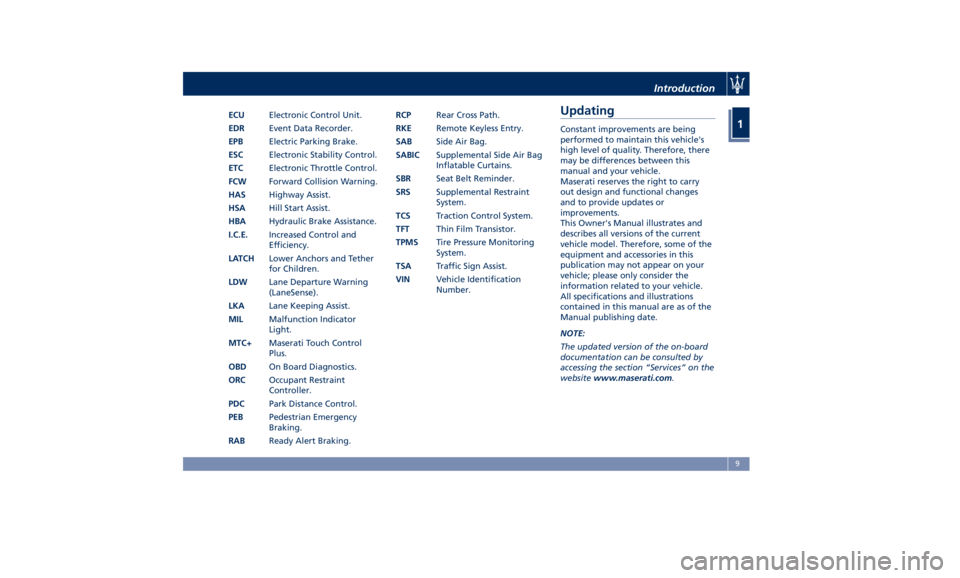 MASERATI GHIBLI 2019  Owners Manual ECU Electronic Control Unit.
EDR Event Data Recorder.
EPB Electric Parking Brake.
ESC Electronic Stability Control.
ETC Electronic Throttle Control.
FCW Forward Collision Warning.
HAS Highway Assist.
