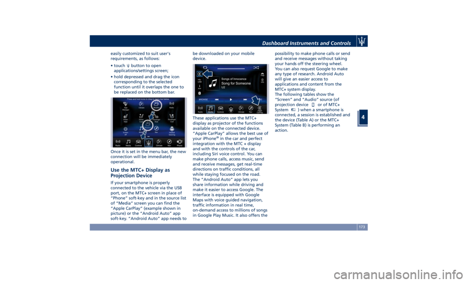 MASERATI GHIBLI 2019 User Guide easily customized to suit user's
requirements, as follows:
• touch button to open
applications/settings screen;
• hold depressed and drag the icon
corresponding to the selected
function until 