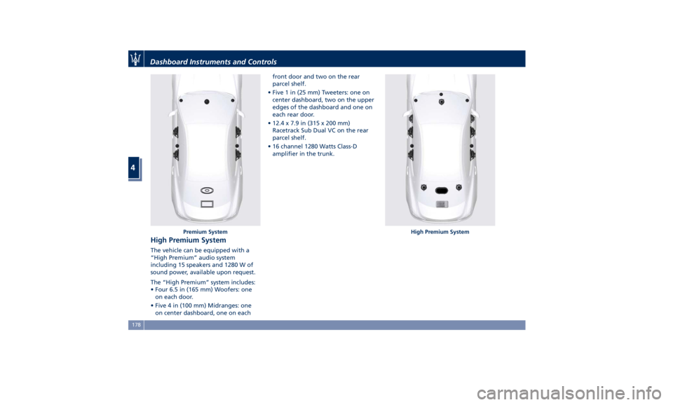 MASERATI GHIBLI 2019 Owners Guide High Premium System The vehicle can be equipped with a
“High Premium” audio system
including 15 speakers and 1280 W of
sound power, available upon request.
The “High Premium” system includes:
