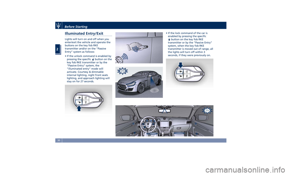 MASERATI GHIBLI 2019  Owners Manual Illuminated Entry/Exit Lights will turn on and off when you
enter/exit the vehicle and operate the
buttons on the key fob RKE
transmitter and/or on the “Passive
Entry” system as follows:
• If th