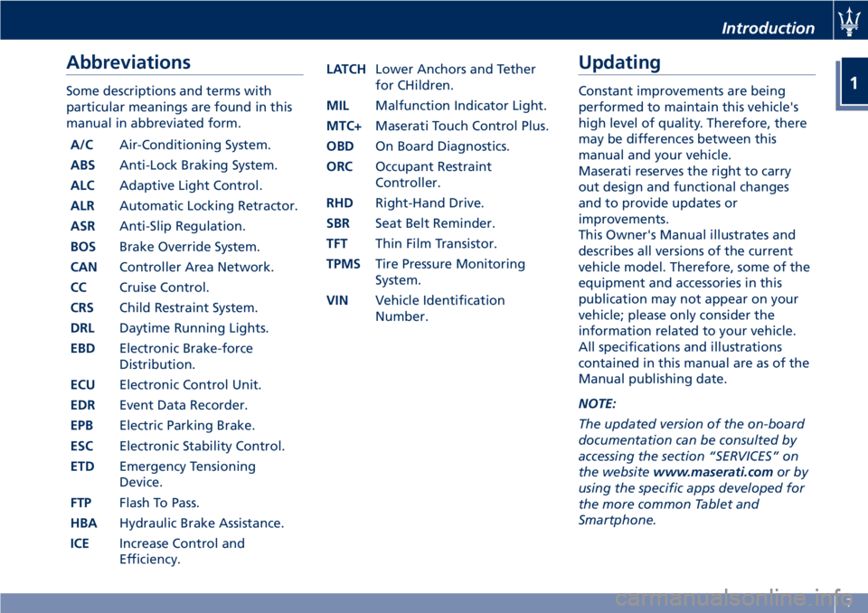 MASERATI GRANTURISMO 2020  Owners Manual Abbreviations
Some descriptions and terms with
particular meanings are found in this
manual in abbreviated form.
A/CAir-Conditioning System.
ABSAnti-Lock Braking System.
ALCAdaptive Light Control.
ALR