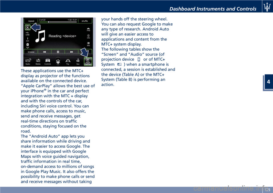MASERATI GRANTURISMO 2020  Owners Manual These applications use the MTC+
display as projector of the functions
available on the connected device.
“Apple CarPlay” allows the best use of
your iPhone
®in the car and perfect
integration wit
