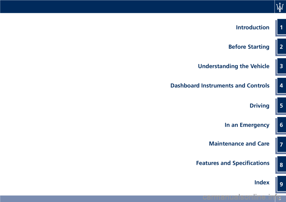 MASERATI GRANTURISMO 2020  Owners Manual Introduction
Before Starting
Understanding the Vehicle
Dashboard Instruments and Controls
Driving
In an Emergency
Maintenance and Care
Features and Specifications
Index1
2
3
4
5
6
7
8
9
3 