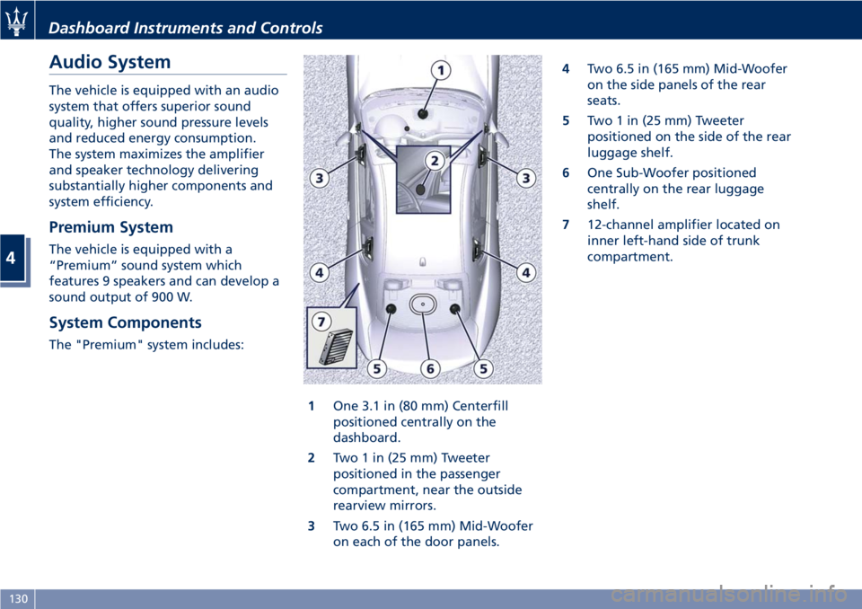 MASERATI GRANTURISMO 2019  Owners Manual Audio System The vehicle is equipped with an audio
system that offers superior sound
quality, higher sound pressure levels
and reduced energy consumption.
The system maximizes the amplifier
and speake