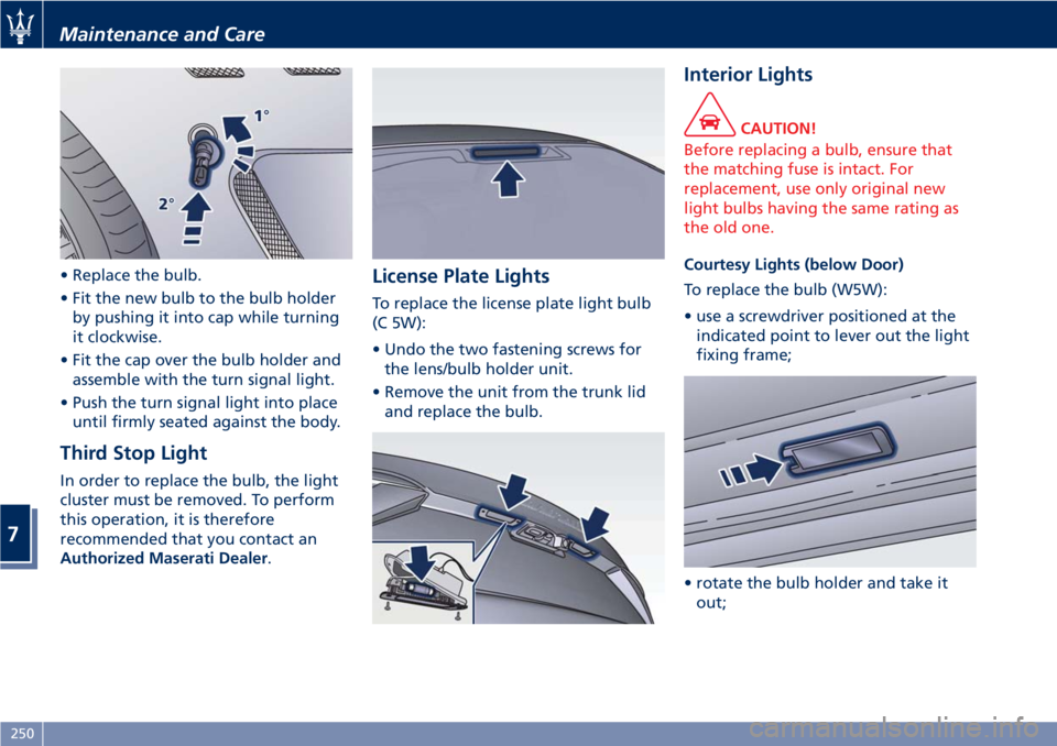 MASERATI GRANTURISMO 2019  Owners Manual • Replace the bulb.
• Fit the new bulb to the bulb holder
by pushing it into cap while turning
it clockwise.
• Fit the cap over the bulb holder and
assemble with the turn signal light.
• Push 