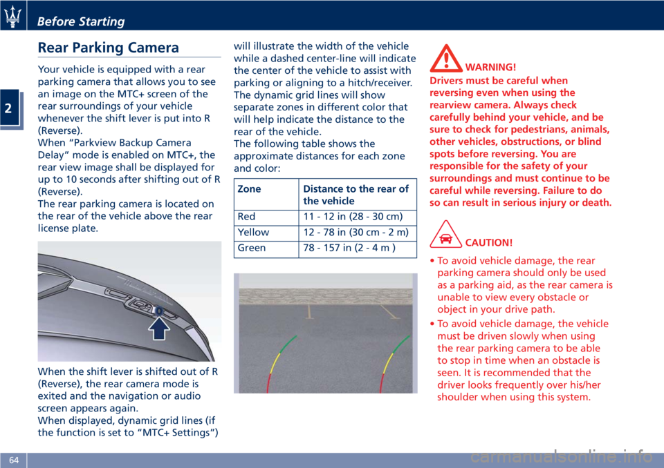 MASERATI GRANTURISMO 2019 Repair Manual Rear Parking Camera Your vehicle is equipped with a rear
parking camera that allows you to see
an image on the MTC+ screen of the
rear surroundings of your vehicle
whenever the shift lever is put into MASERATI GRANTURISMO 2019 Repair Manual Rear Parking Camera Your vehicle is equipped with a rear
parking camera that allows you to see
an image on the MTC+ screen of the
rear surroundings of your vehicle
whenever the shift lever is put into