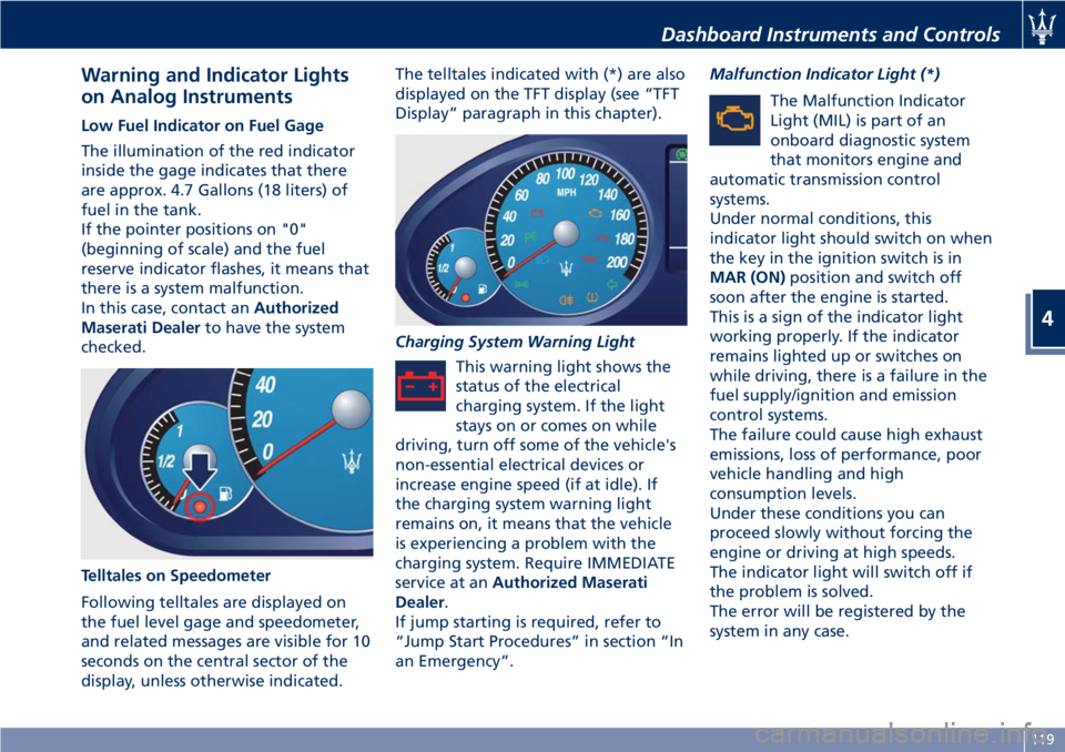 MASERATI GRANTURISMO CONVERTIBLE 2020  Owners Manual Warning and Indicator Lights
on Analog Instruments
Low Fuel Indicator on Fuel Gage
The illumination of the red indicator
inside the gage indicates that there
are approx. 4.7 Gallons (18 liters) of
fue