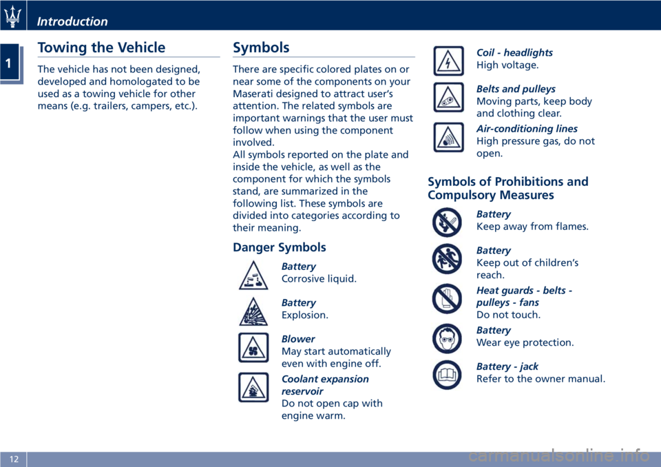 MASERATI GRANTURISMO CONVERTIBLE 2020  Owners Manual Towing the Vehicle
The vehicle has not been designed,
developed and homologated to be
used as a towing vehicle for other
means (e.g. trailers, campers, etc.).
Symbols
There are specific colored plates
