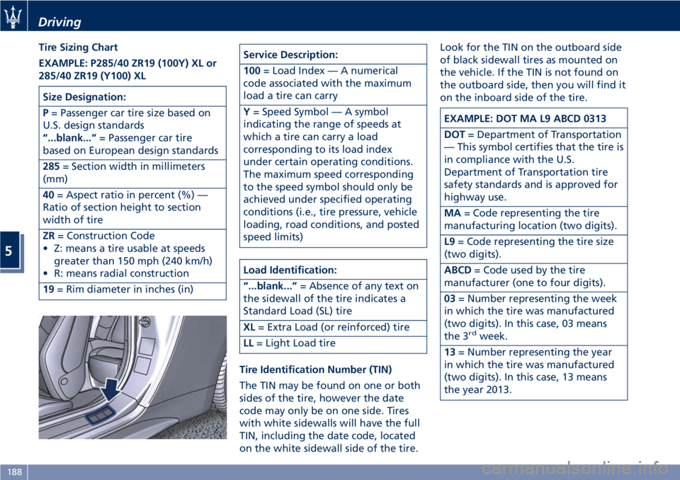 MASERATI GRANTURISMO CONVERTIBLE 2020 Service Manual Tire Sizing Chart
EXAMPLE: P285/40 ZR19 (100Y) XL or
285/40 ZR19 (Y100) XL
Size Designation:
P= Passenger car tire size based on
U.S. design standards
“...blank...”= Passenger car tire
based on Eu