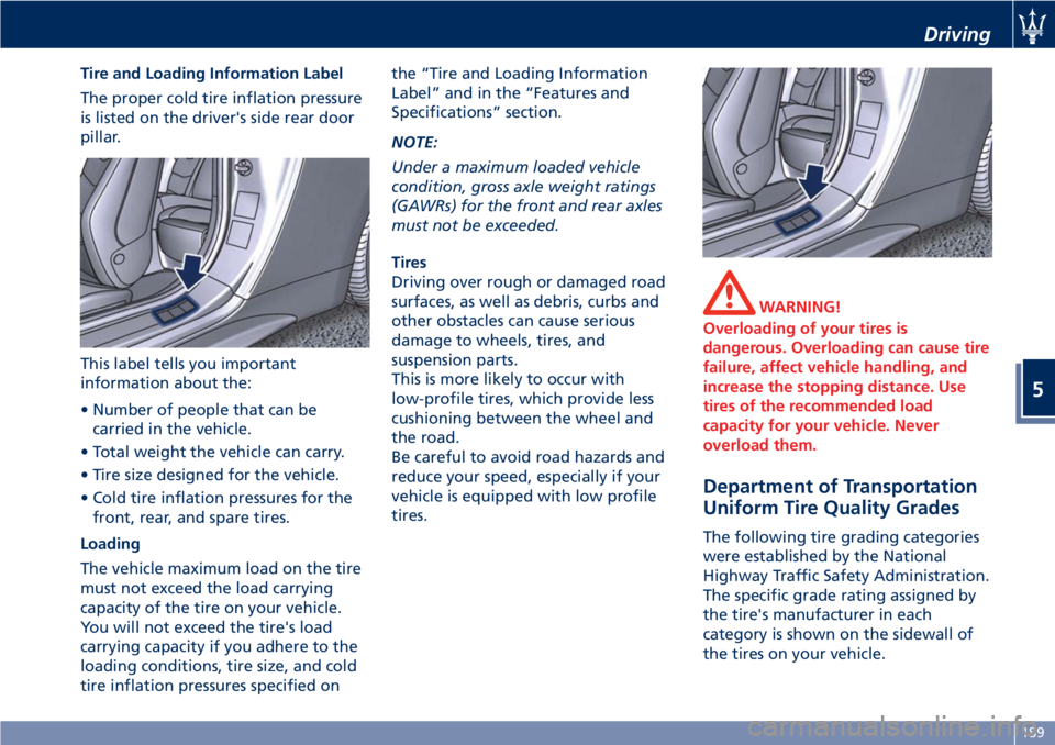 MASERATI GRANTURISMO CONVERTIBLE 2020 Owners Manual Tire and Loading Information Label
The proper cold tire inflation pressure
is listed on the driver's side rear door
pillar.
This label tells you important
information about the:
• Number of peop MASERATI GRANTURISMO CONVERTIBLE 2020 Owners Manual Tire and Loading Information Label
The proper cold tire inflation pressure
is listed on the driver's side rear door
pillar.
This label tells you important
information about the:
• Number of peop