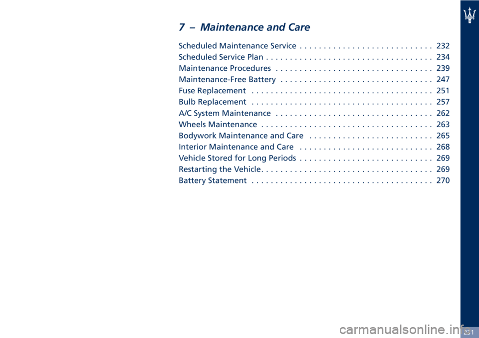 MASERATI GRANTURISMO CONVERTIBLE 2020  Owners Manual 7 – Maintenance and Care
Scheduled Maintenance Service............................ 232
Scheduled Service Plan................................... 234
Maintenance Procedures...........................