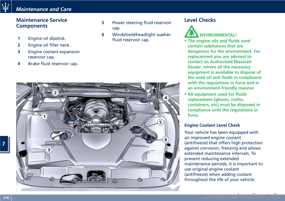 MASERATI GRANTURISMO CONVERTIBLE 2020  Owners Manual Maintenance Service
Components
1Engine oil dipstick.
2Engine oil filler neck.
3Engine coolant expansion
reservoir cap.
4Brake fluid reservoir cap.5Power steering fluid reservoir
cap.
6Windshield/headl