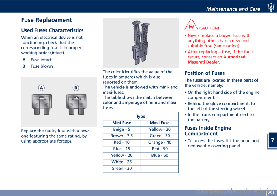 MASERATI GRANTURISMO CONVERTIBLE 2020  Owners Manual Fuse Replacement
Used Fuses Characteristics
When an electrical device is not
functioning, check that the
corresponding fuse is in proper
working order (intact).
AFuse intact
BFuse blown
Replace the fa