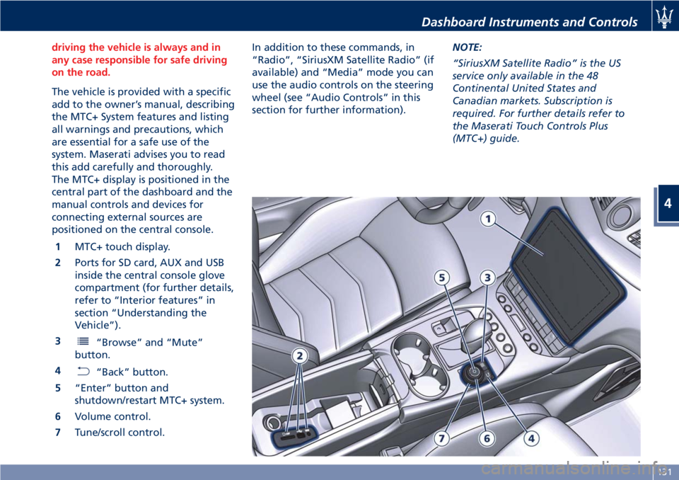 MASERATI GRANTURISMO CONVERTIBLE 2019 Owners Manual driving the vehicle is always and in
any case responsible for safe driving
on the road.
The vehicle is provided with a specific
add
to the owner’s manual, describing
the MTC+ System features and lis MASERATI GRANTURISMO CONVERTIBLE 2019 Owners Manual driving the vehicle is always and in
any case responsible for safe driving
on the road.
The vehicle is provided with a specific
add
to the owner’s manual, describing
the MTC+ System features and lis