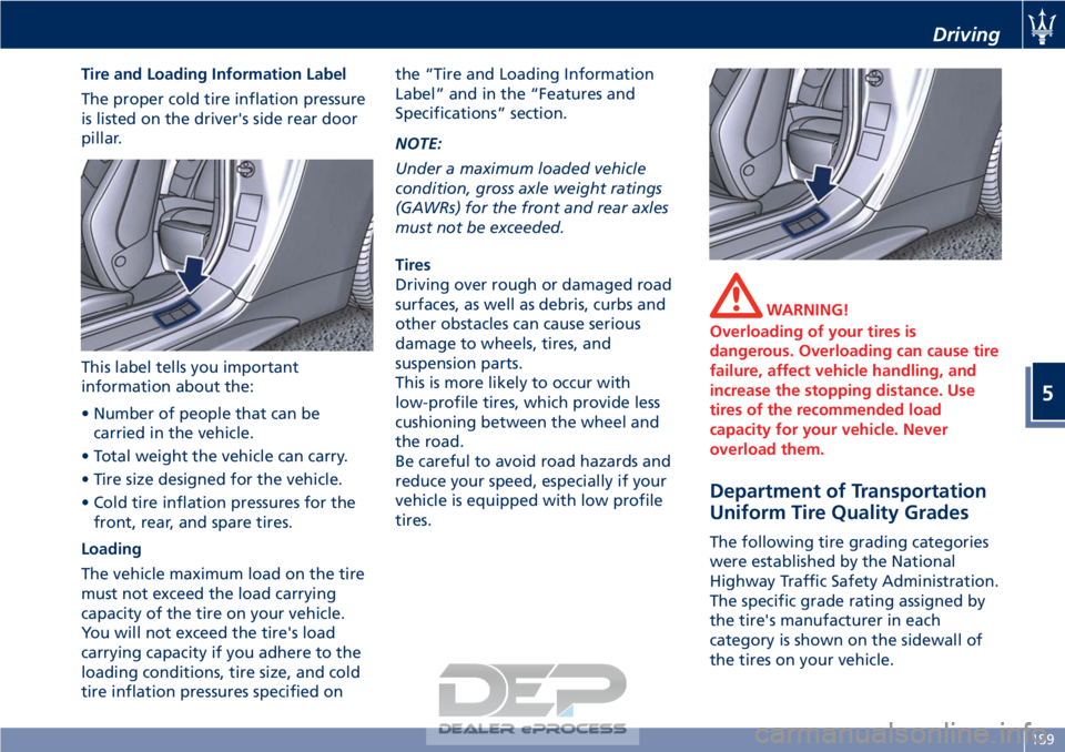 MASERATI GRANTURISMO CONVERTIBLE 2019 Owners Manual Tire and Loading Information Label
The proper cold tire inflation pressure
is listed on the driver's side rear door
pillar.
This label tells you important
information about the:
• Number of peop MASERATI GRANTURISMO CONVERTIBLE 2019 Owners Manual Tire and Loading Information Label
The proper cold tire inflation pressure
is listed on the driver's side rear door
pillar.
This label tells you important
information about the:
• Number of peop