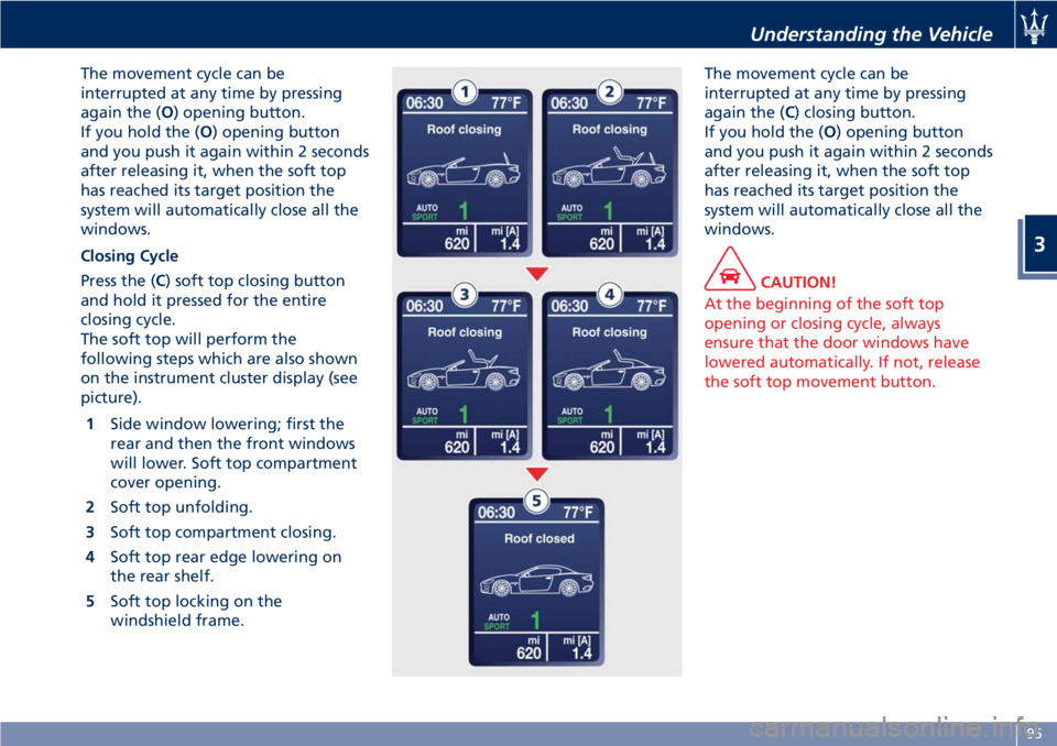 MASERATI GRANTURISMO CONVERTIBLE 2019 Owners Manual The movement cycle can be
interrupted at any time by pressing
again the ( O ) opening button.
If you hold the ( O ) opening button
and you push it again within 2 seconds
after releasing it, when the s MASERATI GRANTURISMO CONVERTIBLE 2019 Owners Manual The movement cycle can be
interrupted at any time by pressing
again the ( O ) opening button.
If you hold the ( O ) opening button
and you push it again within 2 seconds
after releasing it, when the s