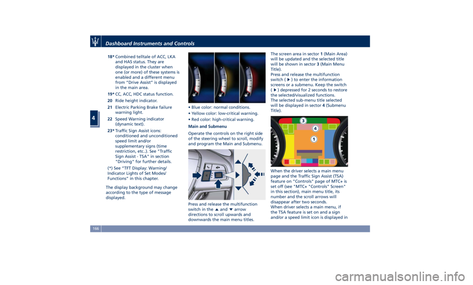 MASERATI LEVANTE 2019  Owners Manual 18* Combined telltale of ACC, LKA
and HAS status. They are
displayed in the cluster when
one (or more) of these systems is
enabled and a different menu
from “Drive Assist” is displayed
in the main