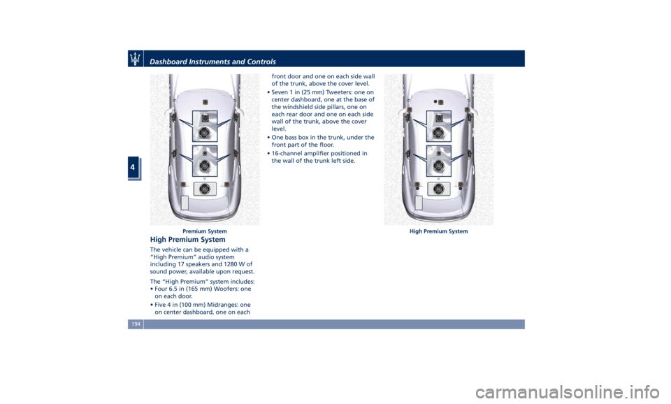 MASERATI LEVANTE 2019  Owners Manual High Premium System The vehicle can be equipped with a
“High Premium” audio system
including 17 speakers and 1280 W of
sound power, available upon request.
The “High Premium” system includes:
