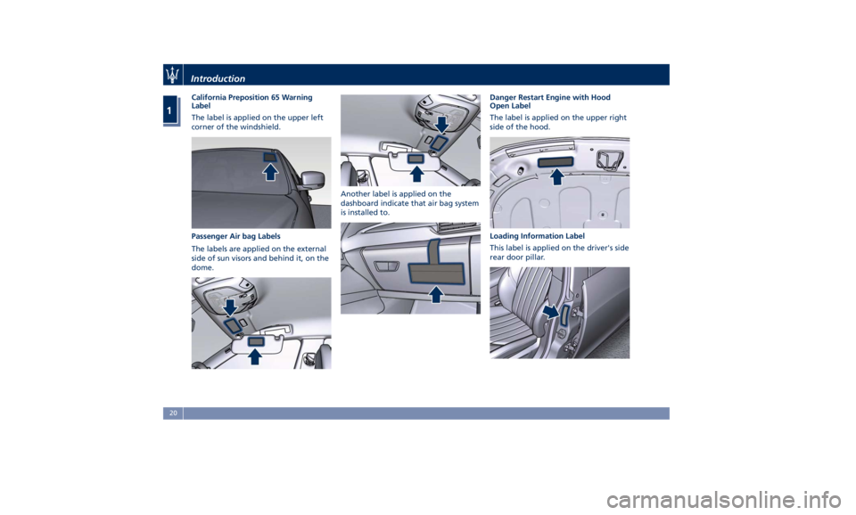 MASERATI LEVANTE 2019  Owners Manual California Preposition 65 Warning
Label
The label is applied on the upper left
corner of the windshield.
Passenger Air bag Labels
The labels are applied on the external
side of sun visors and behind i