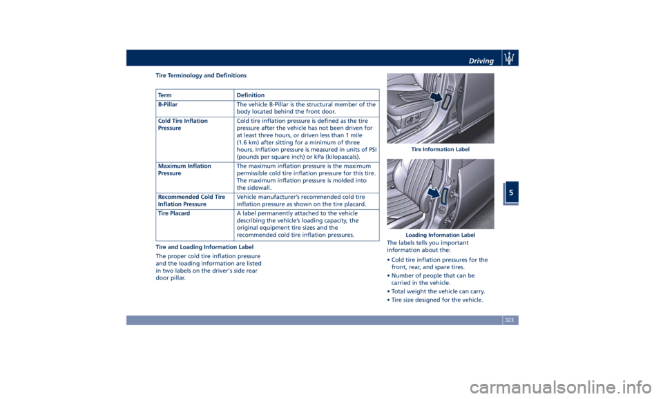 MASERATI LEVANTE 2019 Owners Manual Tire Terminology and Definitions
Tire and Loading Information Label
The proper cold tire inflation pressure
and the loading information are listed
in two labels on the driver's side rear
door pill MASERATI LEVANTE 2019 Owners Manual Tire Terminology and Definitions
Tire and Loading Information Label
The proper cold tire inflation pressure
and the loading information are listed
in two labels on the driver's side rear
door pill