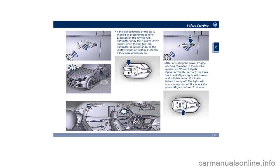 MASERATI LEVANTE 2019 Owners Guide • If the lock command of the car is
enabled by pressing the specific
button on the key fob RKE
transmitter or by the “Passive Entry”
system, when the key fob RKE
transmitter is out of range, all