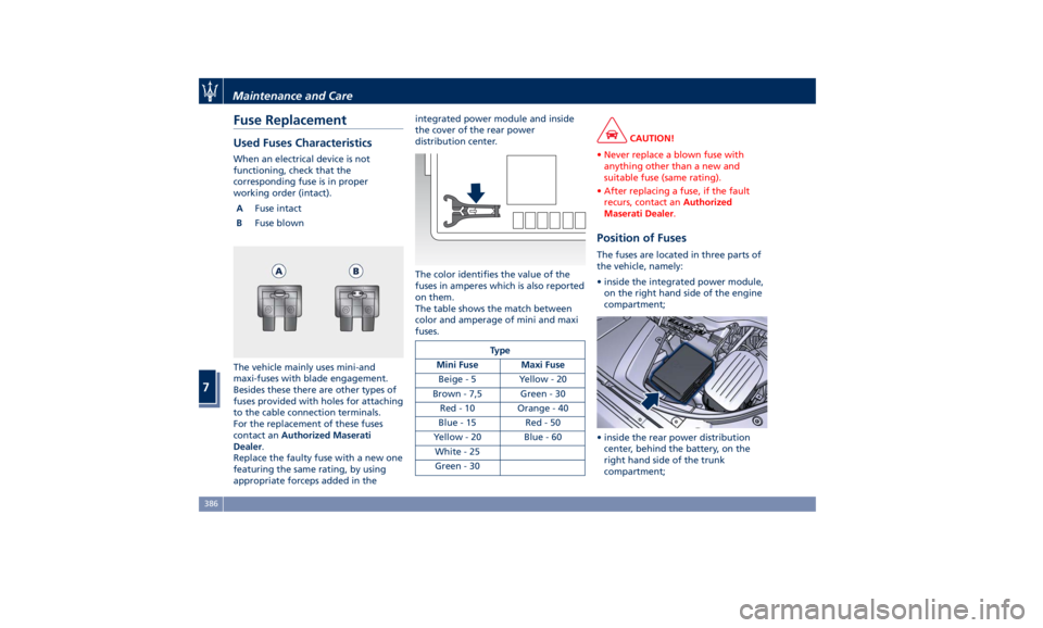 MASERATI LEVANTE 2019 Owners Manual Fuse Replacement Used Fuses Characteristics When an electrical device is not
functioning, check that the
corresponding fuse is in proper
working order (intact).
A Fuse intact
B Fuse blown
The vehicle MASERATI LEVANTE 2019 Owners Manual Fuse Replacement Used Fuses Characteristics When an electrical device is not
functioning, check that the
corresponding fuse is in proper
working order (intact).
A Fuse intact
B Fuse blown
The vehicle