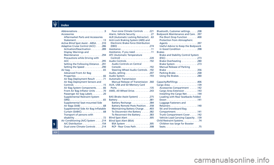 MASERATI LEVANTE 2019  Owners Manual Abbreviations .................9
Accessories
Aftermarket Parts and Accessories
Statement .................13
Active Blind Spot Assist - ABSA . . . .310
Adaptive Cruise Control (ACC) . . . .286
Activat