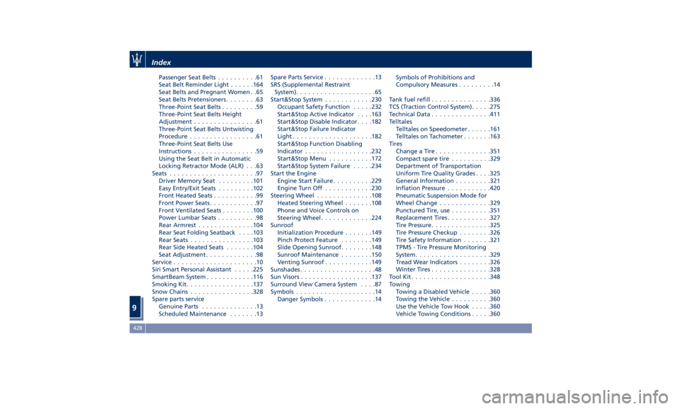 MASERATI LEVANTE 2019 Owners Manual Passenger Seat Belts ..........61
Seat Belt Reminder Light ..... .164
Seat Belts and Pregnant Women . .65
Seat Belts Pretensioners ........63
Three-Point Seat Belts .........59
Three-Point Seat Belts 