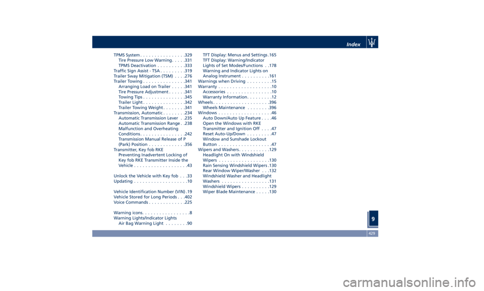 MASERATI LEVANTE 2019 User Guide TPMS System ............... .329
Tire Pressure Low Warning .... .331
TPMS Deactivation ......... .333
Traffic Sign Assist - TSA ........ .319
Trailer Sway Mitigation (TSM) . . . .276
Trailer Towing ..