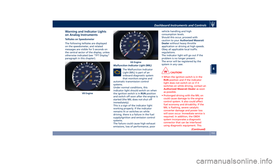 MASERATI QUATTROPORTE 2019  Owners Manual Warning and Indicator Lights
on Analog Instruments Telltales on Speedometer
The following telltales are displayed
on the speedometer, and related
messages are visible for 5 seconds on
the central sect