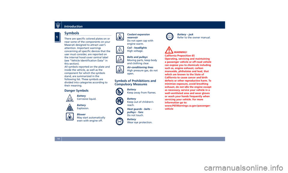 MASERATI QUATTROPORTE 2019 User Guide Symbols There are specific colored plates on or
near some of the components on your
Maserati designed to attract user’s
attention. Important warnings
concerning all specific devices that the
user mu