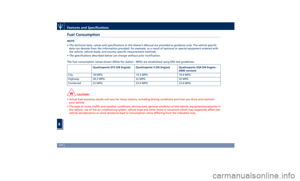 MASERATI QUATTROPORTE 2019  Owners Manual Fuel Consumption NOTE:
• The technical data, values and specifications in this Owner’s Manual are provided as guidance only. The vehicle specific
data can deviate from the information provided, fo