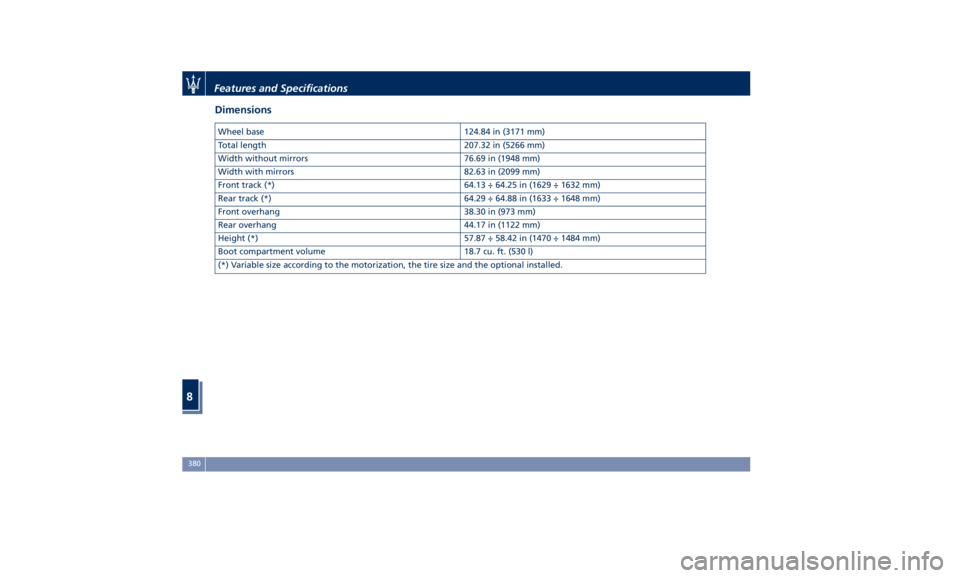 MASERATI QUATTROPORTE 2019  Owners Manual Dimensions Wheel base 124.84 in (3171 mm)
Total length 207.32 in (5266 mm)
Width without mirrors 76.69 in (1948 mm)
Width with mirrors 82.63 in (2099 mm)
Front track (*) 64.13 ÷ 64.25 in (1629 ÷ 163