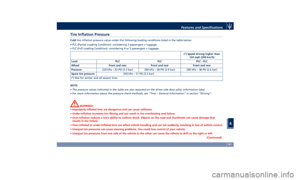 MASERATI QUATTROPORTE 2019  Owners Manual Tire Inflation Pressure Cold tire inflation pressure value under the following loading conditions listed in the table below:
• PLC (Partial Loading Condition): considering 2 passengers + luggage.
�
