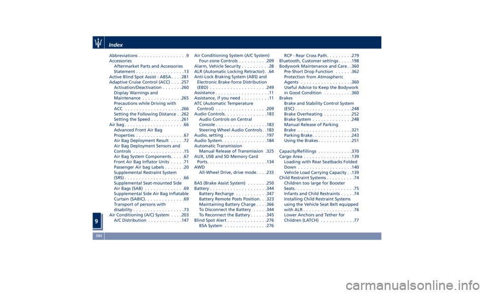 MASERATI QUATTROPORTE 2019  Owners Manual Abbreviations .................9
Accessories
Aftermarket Parts and Accessories
Statement .................13
Active Blind Spot Assist - ABSA . . . .281
Adaptive Cruise Control (ACC) . . . .257
Activat