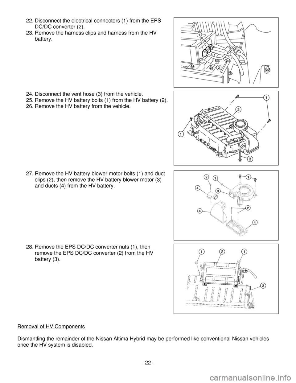 NISSAN ALTIMA HYBRID 2008 L32A / 4.G Dismantling Guide 
22. Disconnect the electrical connectors (1) from the EPS 
DC/DC converter (2). 
23. Remove the harness clips and harness from the HV 
battery.  
 
 
 
 
 
 
 
 
24. Disconnect the vent hose (3) from