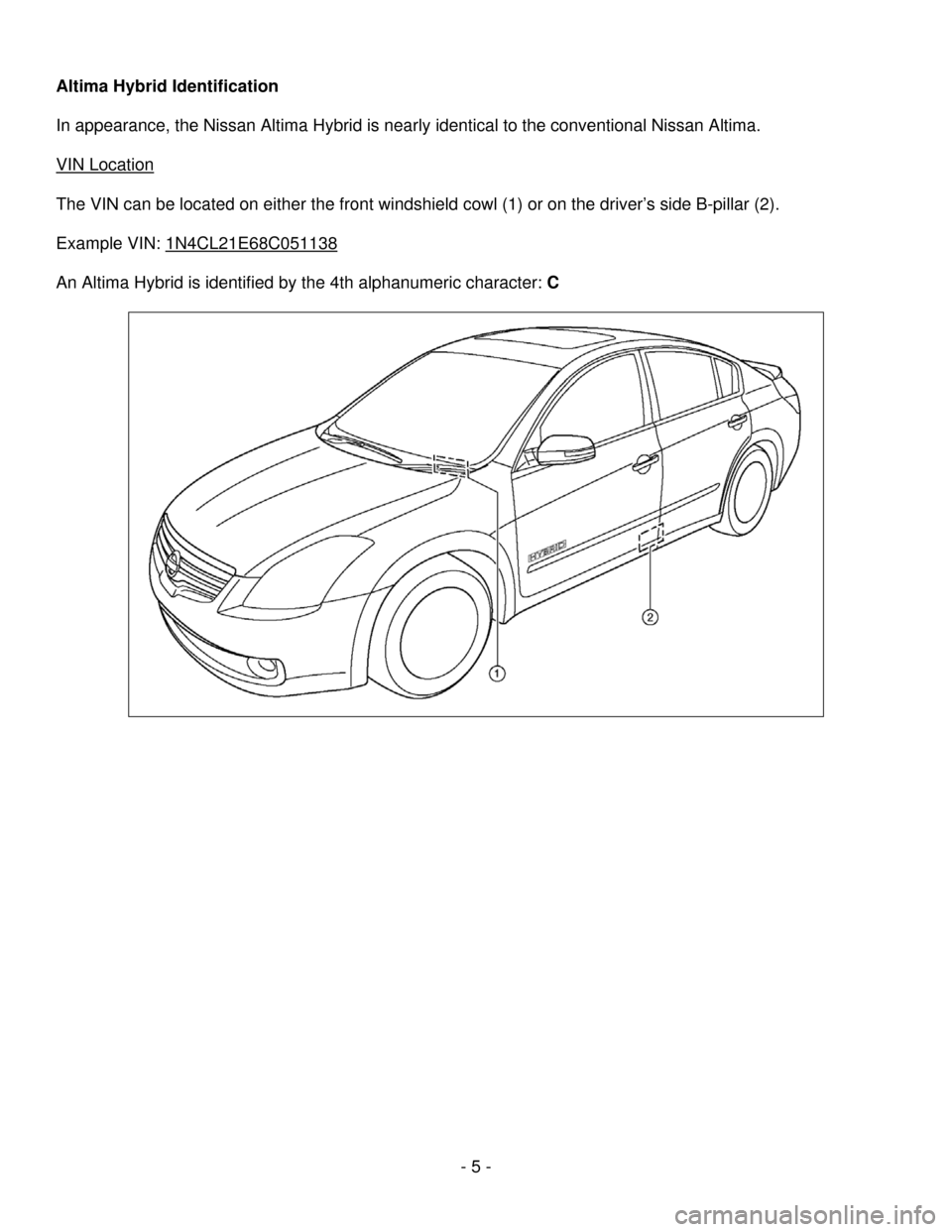 NISSAN ALTIMA HYBRID 2008 L32A / 4.G Dismantling Guide 
 
Altima Hybrid Identification 
 
In appearance, the Nissan Altima Hybrid is nearly identical to the conventional Nissan Altima.  
 
VIN Location 
 
The VIN can be located on either the front windshi