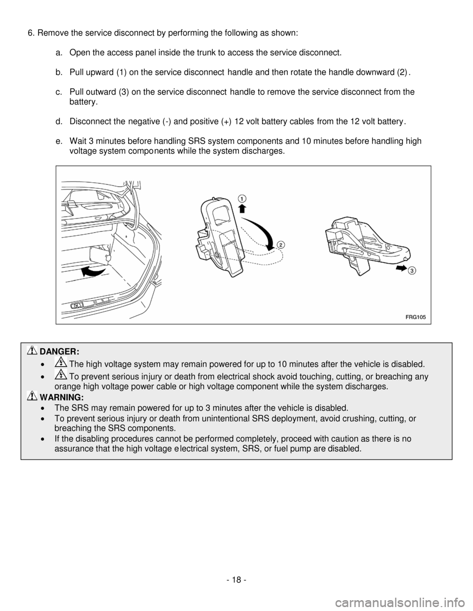 NISSAN ALTIMA HYBRID 2008 L32A / 4.G First Responders Guide - 18-
DANGER:
NISSAN ALTIMA HYBRID 2008 L32A / 4.G First Responders Guide - 18-
DANGER: